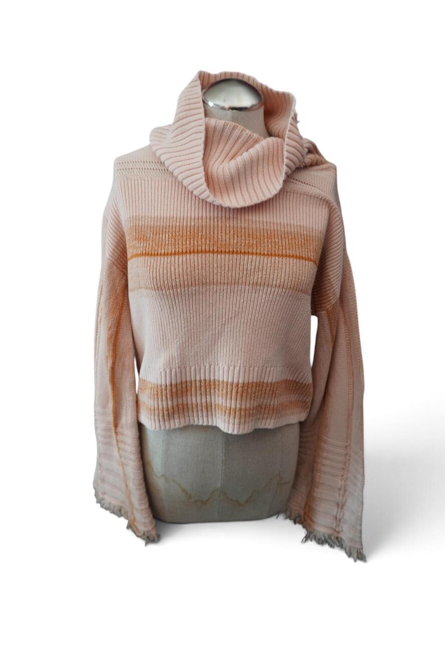 Free People Sweater Womens Large Pink Striped Turtleneck Bell Sleeve Fringe